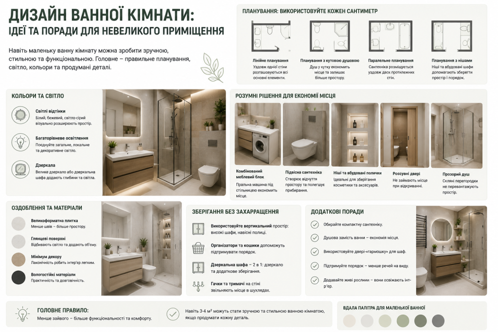 Інфографіка з ідеями дизайну маленької ванної кімнати: варіанти планування, кольори, рішення для економії місця та поради зі зберігання
