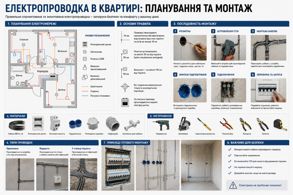Інфографіка з планом електромережі квартири, основними правилами розташування розеток та вимикачів, покроковим монтажем та переліком матеріалів і інструментів