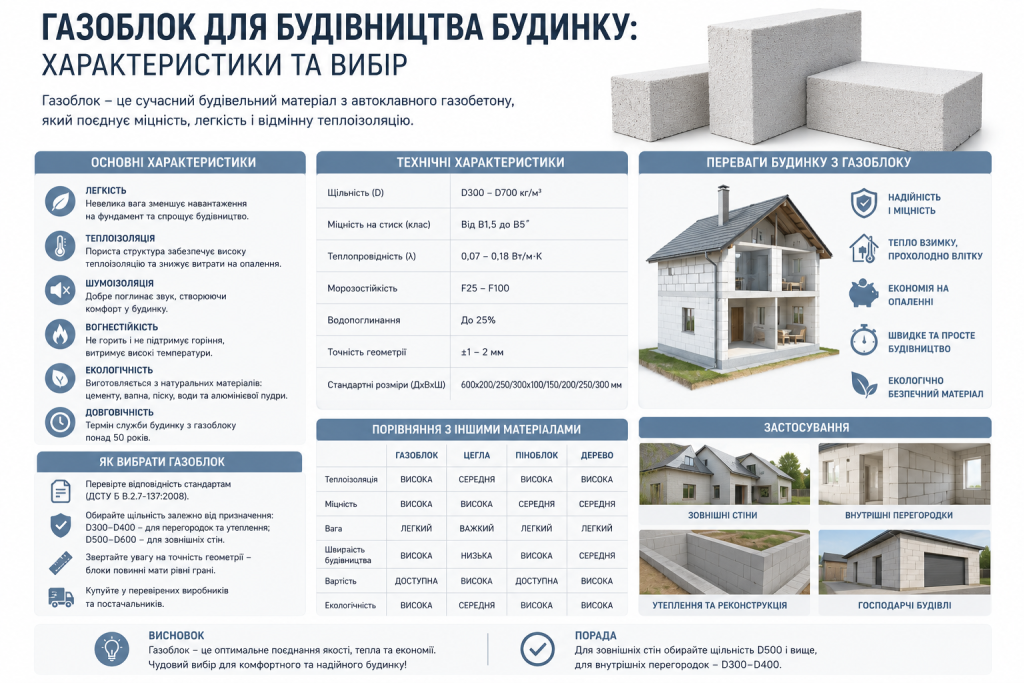 Інфографіка про газоблок як будівельний матеріал з технічними характеристиками, перевагами, порівнянням з цеглою та порадами щодо вибору