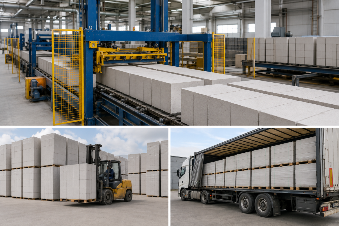 Колаж із трьома фото виробництва газоблоків: автоматизована лінія різання, навантажувач на складі готової продукції та завантаження блоків у вантажівку