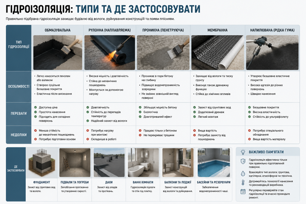 Інфографіка з порівнянням п'яти типів гідроізоляції — обмазувальної, рулонної, проникної, мембранної та напилюваної — з їх особливостями та сферами застосування