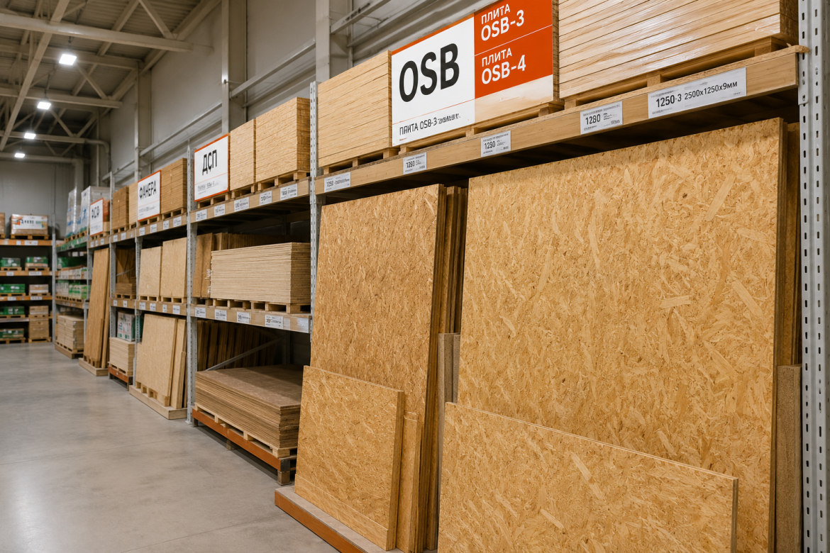 Стелажі з плитами OSB-3 та OSB-4 різних розмірів у будівельному магазині поруч із ДСП та фанерою