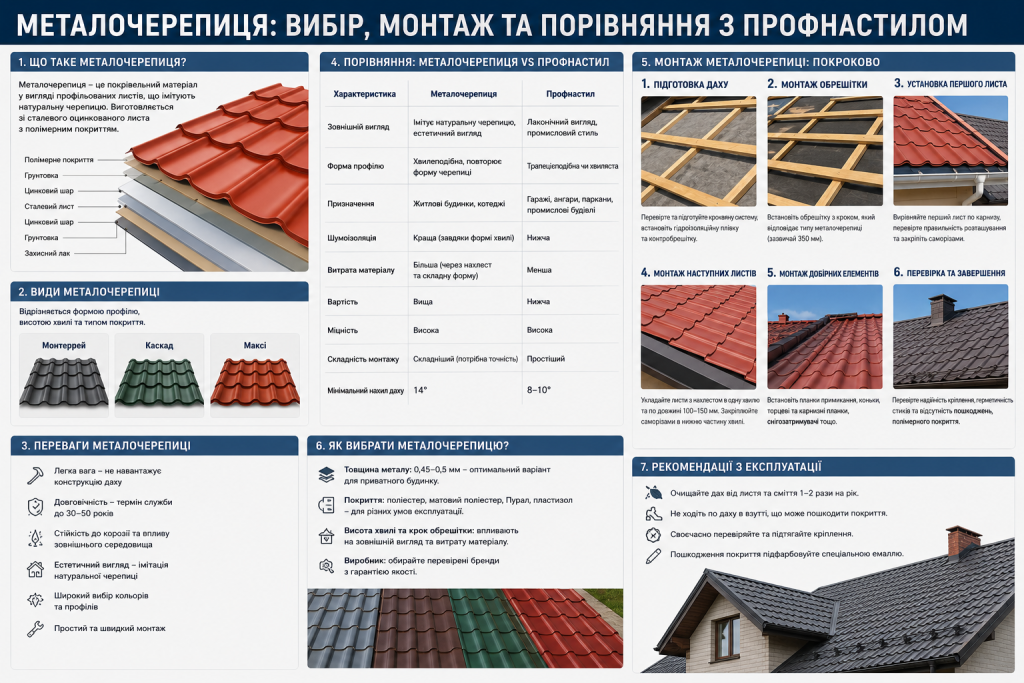 Інфографіка про металочерепицю з описом будови матеріалу, видів профілю, порівнянням з профнастилом, покроковим монтажем даху та рекомендаціями з експлуатації