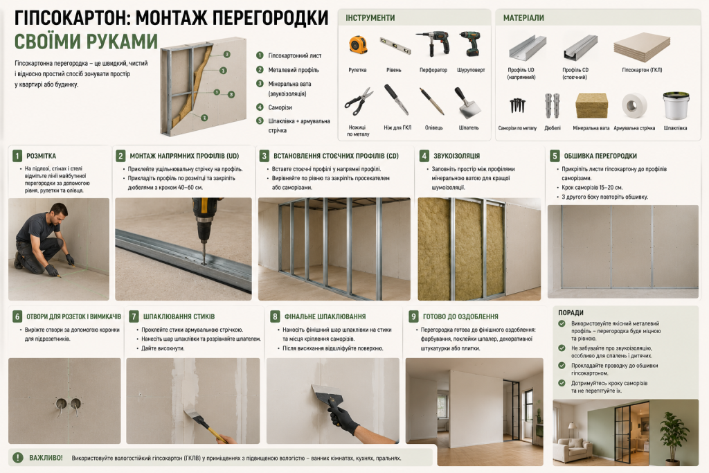 Інфографіка з покроковою інструкцією монтажу гіпсокартонної перегородки: розмітка, профілі, звукоізоляція, обшивка та шпаклювання з переліком інструментів і матеріалів