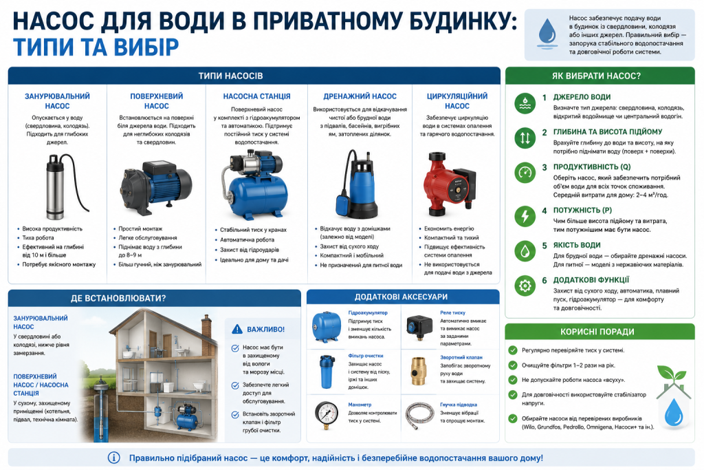 Інфографіка про водяні насоси для приватного будинку: порівняння занурювального, поверхневого, дренажного та циркуляційного насосів і насосної станції, критерії вибору та поради щодо встановлення