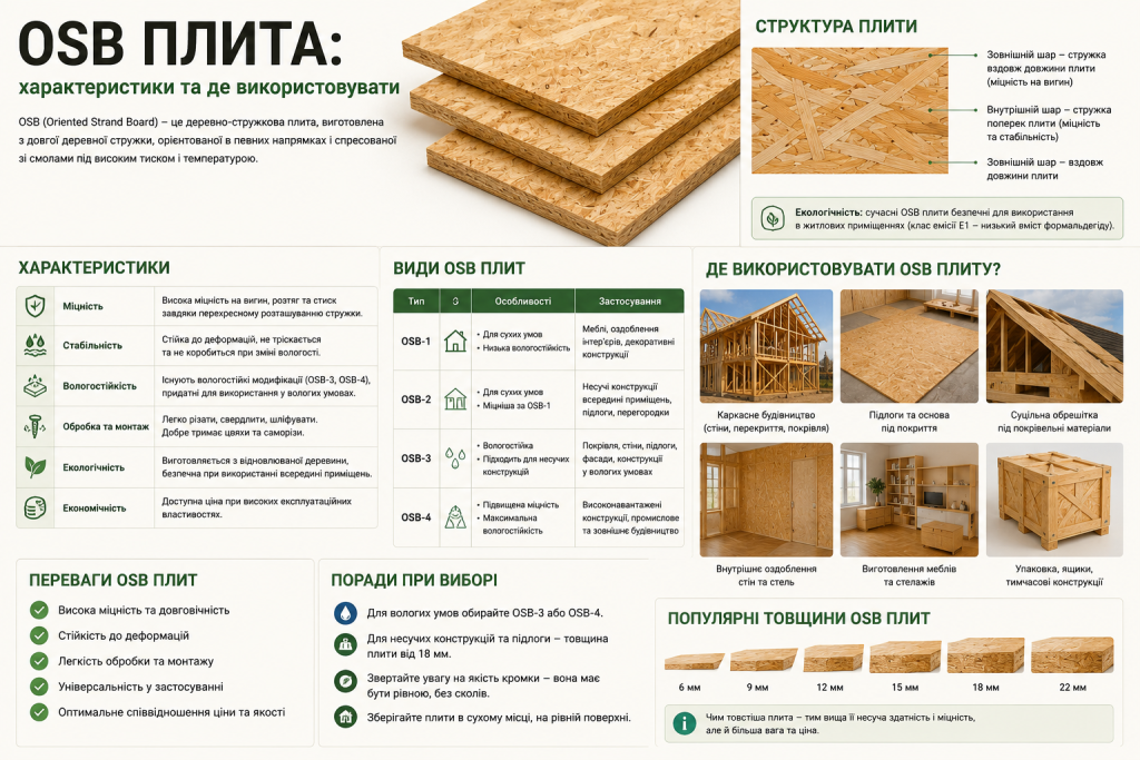 Інфографіка про OSB плити: структура матеріалу, характеристики, порівняльна таблиця видів від OSB-1 до OSB-4, сфери застосування у будівництві та меблевиробництві, популярні товщини та поради при виборі
