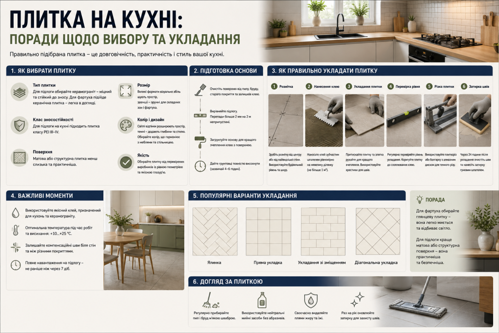 Інфографіка з порадами вибору та укладання плитки на кухні: типи плитки, підготовка основи, покрокове укладання, варіанти розкладки та догляд