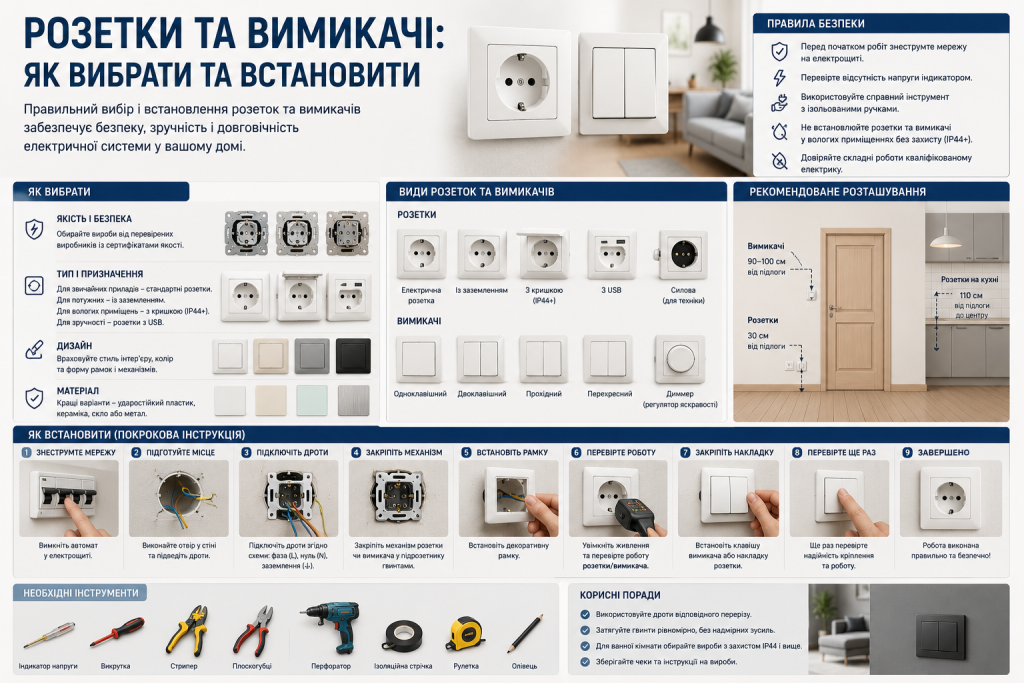 Інфографіка про вибір та встановлення розеток і вимикачів з покроковою інструкцією монтажу, видами виробів та правилами безпеки