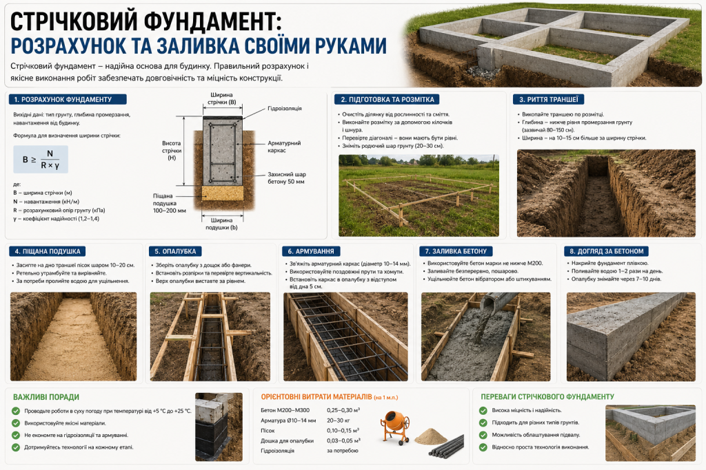 Покрокова інфографіка зведення стрічкового фундаменту: розрахунок ширини, риття траншеї, армування, заливка бетону та догляд за конструкцією