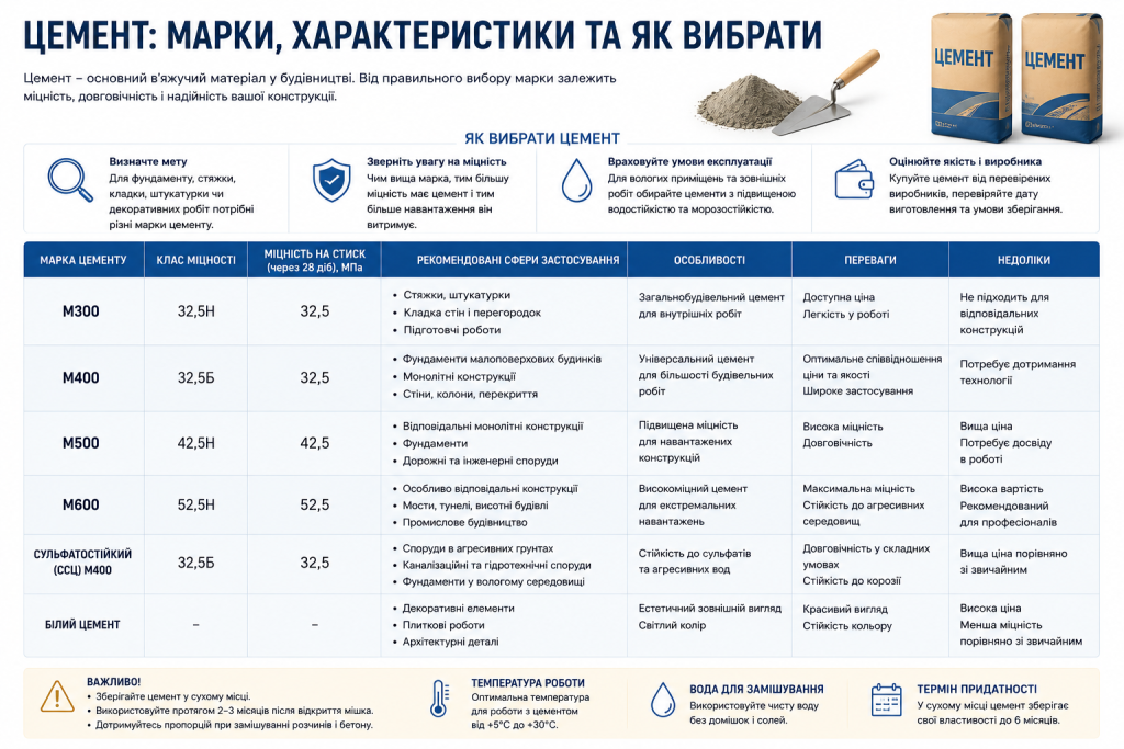 Порівняльна таблиця марок цементу М300–М600, сульфатостійкого та білого цементу з їх характеристиками, перевагами та сферами застосування