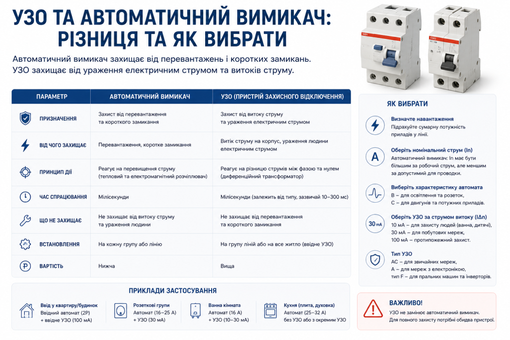 Порівняльна інфографіка УЗО та автоматичного вимикача з таблицею відмінностей, прикладами застосування та порадами щодо вибору