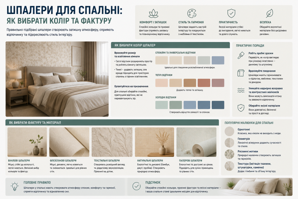 Інфографіка з порадами вибору шпалер для спальні: кольорові палітри, типи фактур та матеріалів, популярні малюнки та практичні рекомендації