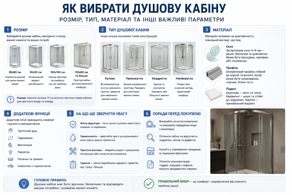 Інфографіка з порадами вибору душової кабіни: розміри, типи конструкцій, матеріали виготовлення та рекомендації перед покупкою