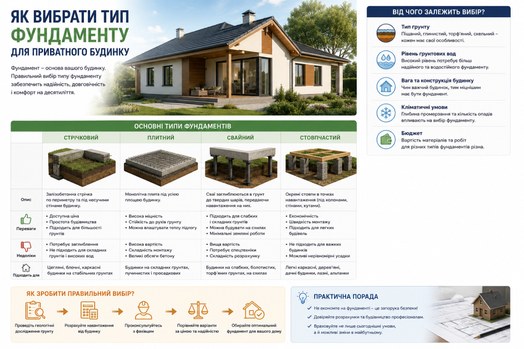 Інфографіка з порівнянням чотирьох типів фундаментів — стрічкового, плитного, свайного та стовпчастого — з їх перевагами, недоліками та критеріями вибору