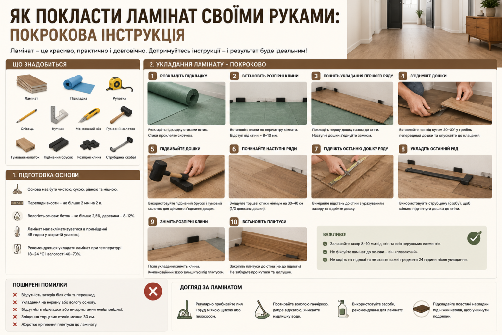 Інфографіка з покроковою інструкцією укладання ламінату в 10 кроків: підкладка, розпірні клини, з'єднання дошок, плінтуси та переліком необхідних інструментів і матеріалів