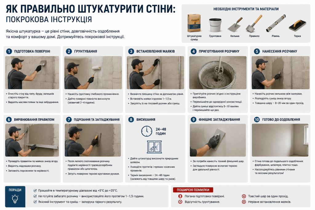 Інфографіка з покроковою інструкцією штукатурення стін: підготовка, грунтування, встановлення маяків, нанесення та вирівнювання розчину до фінішного результату