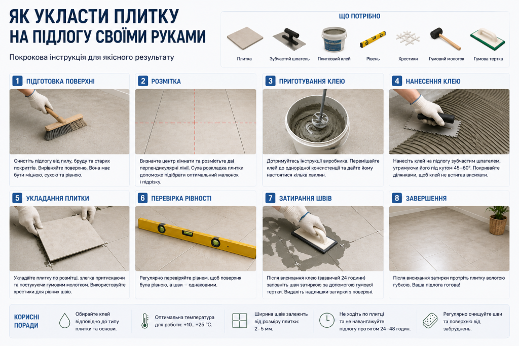 Інфографіка з покроковою інструкцією укладання плитки на підлогу у 8 етапів: підготовка поверхні, розмітка, нанесення клею, укладання та затирання швів
