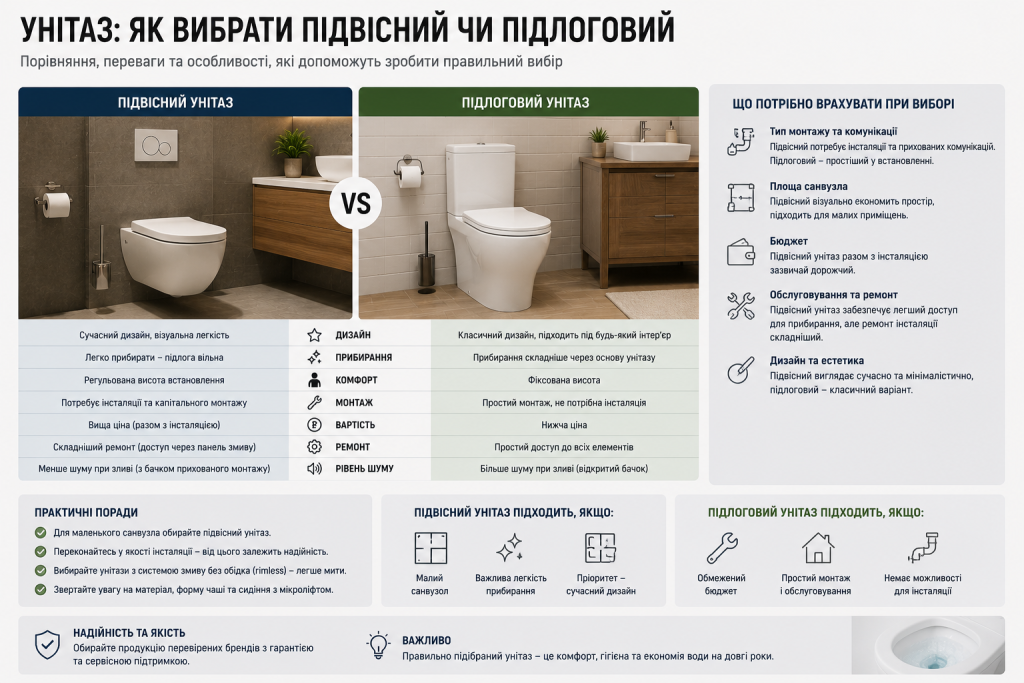 Інфографіка з порівнянням підвісного та підлогового унітазів за дизайном, прибиранням, вартістю, монтажем та рекомендаціями щодо вибору