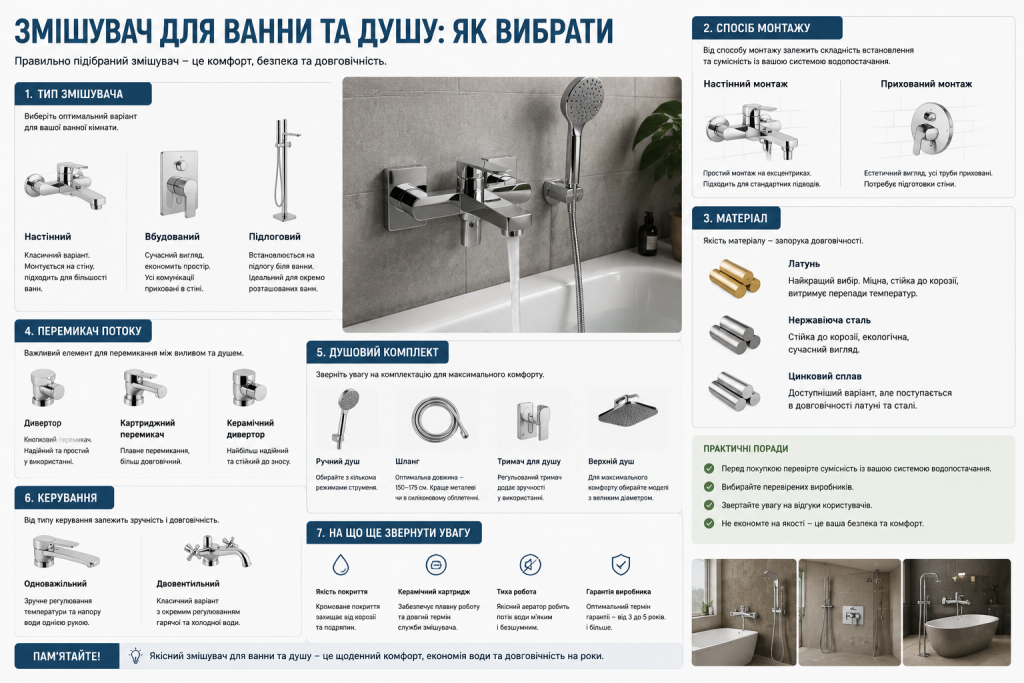 Інфографіка з порадами вибору змішувача для ванної: типи конструкцій, способи монтажу, матеріали, перемикачі потоку та комплектація душу