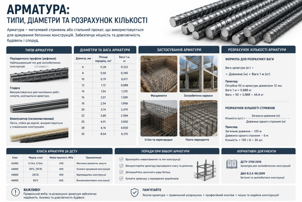 Інфографіка про арматуру з таблицею типів, діаметрів та ваги, прикладами застосування у фундаментах та конструкціях, формулами розрахунку та класами за ДСТУ