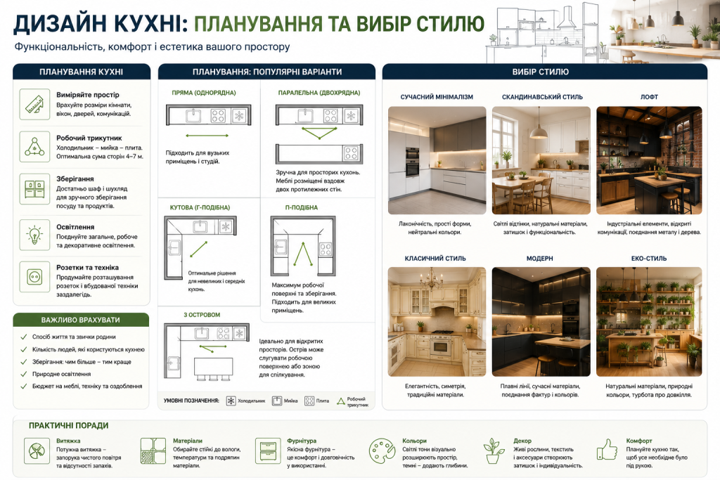 Інфографіка з варіантами планування кухні та популярними стилями інтер'єру