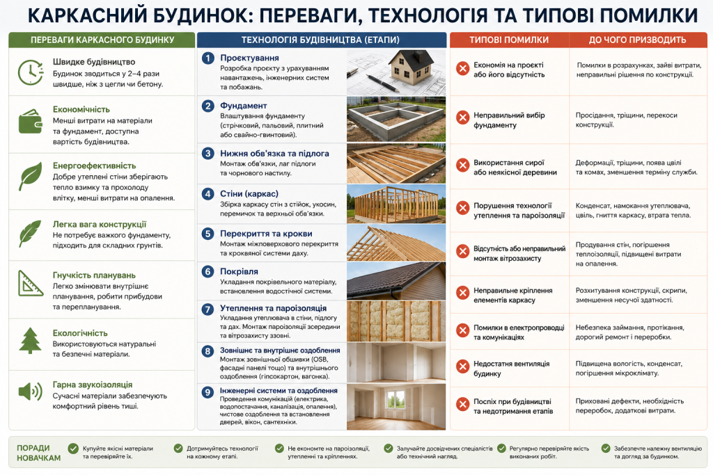 Інфографіка про переваги каркасного будинку, етапи будівництва та типові помилки