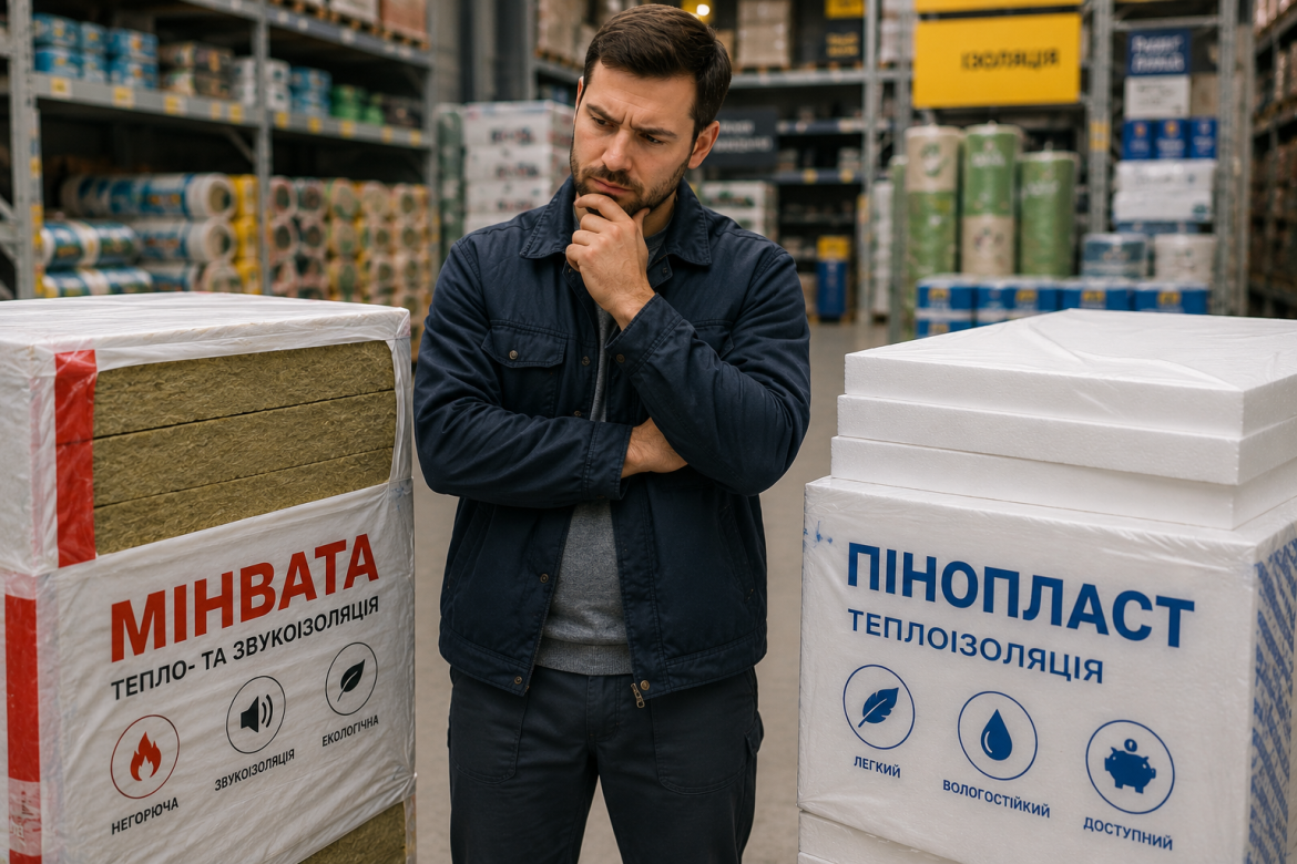 Чоловік замислено стоїть між упаковками мінвати та пінопласту в будівельному магазині