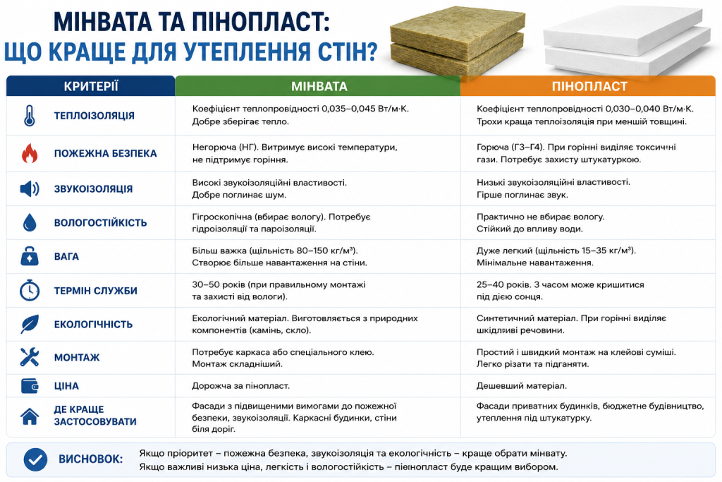 Порівняльна таблиця мінвати та пінопласту за теплоізоляцією, пожежною безпекою та ціною