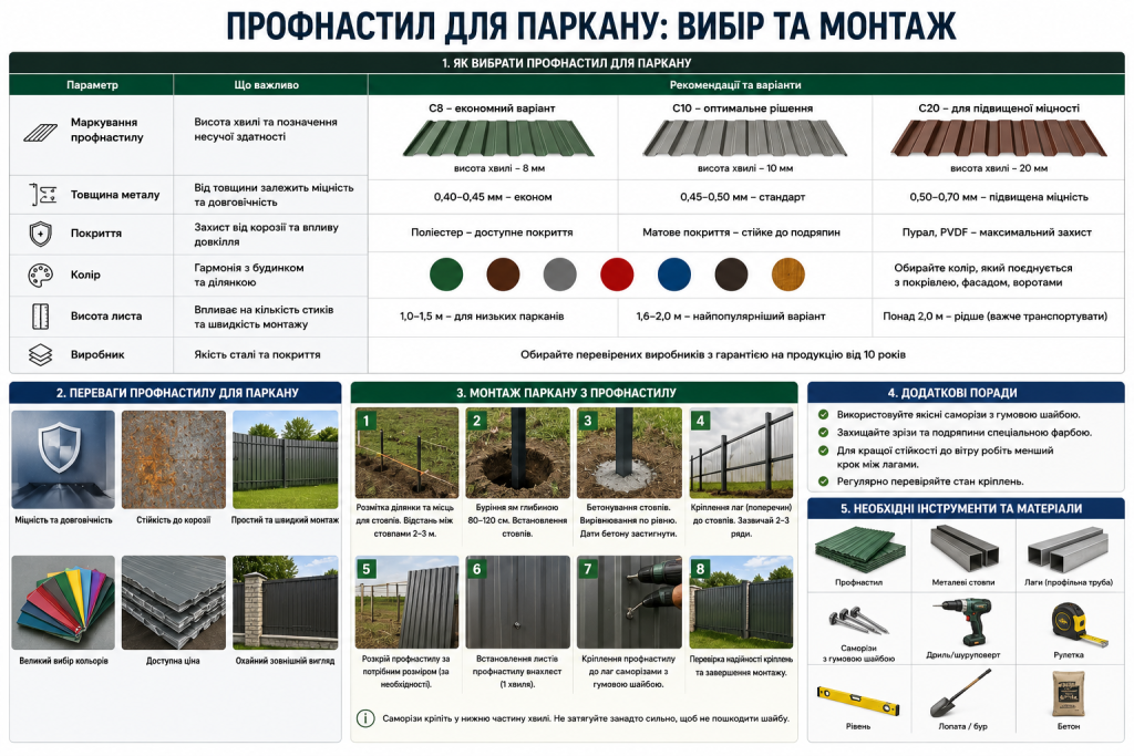 Інфографіка про вибір профнастилу для паркану, його монтаж та необхідні матеріали.