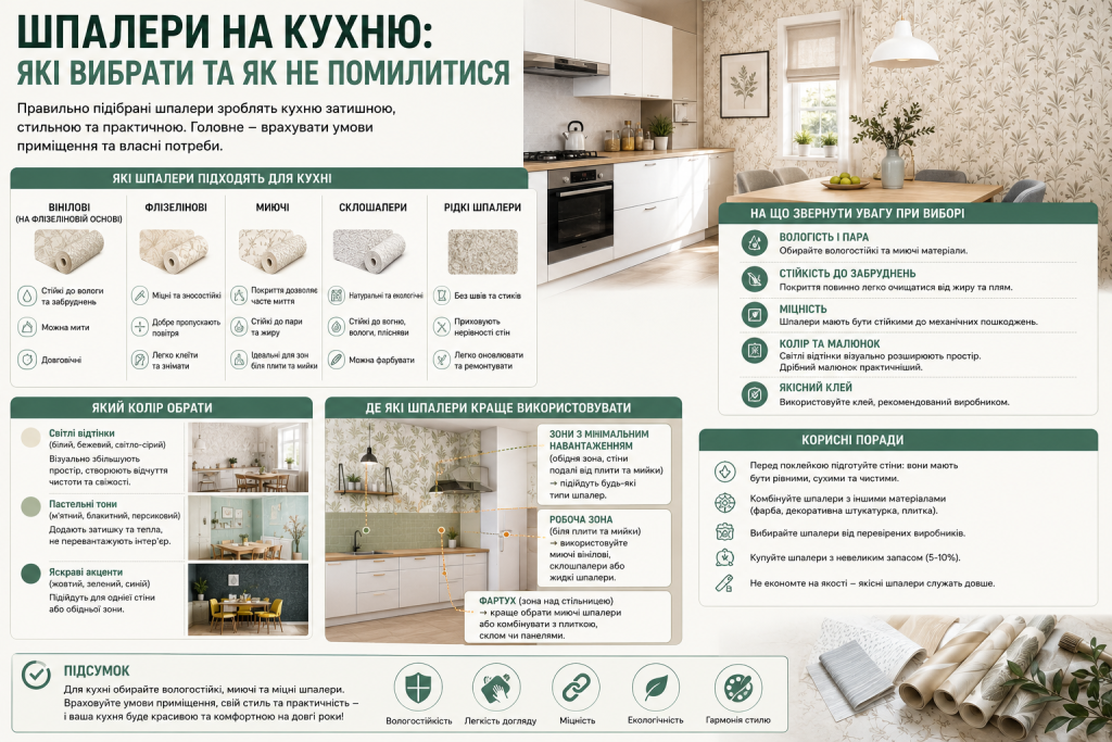 Інфографіка про вибір шпалер для кухні: види матеріалів, вологостійкість, міцність, дизайн, поради щодо поклейки та рекомендації для різних зон кухні.