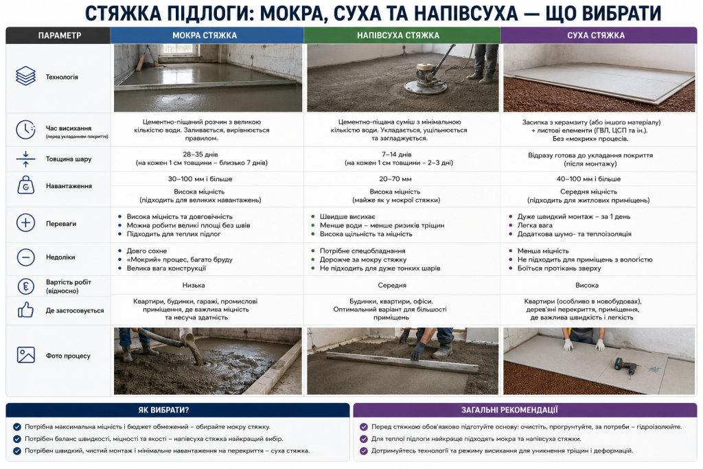 Інфографіка з порівнянням мокрої, напівсухої та сухої стяжки підлоги.