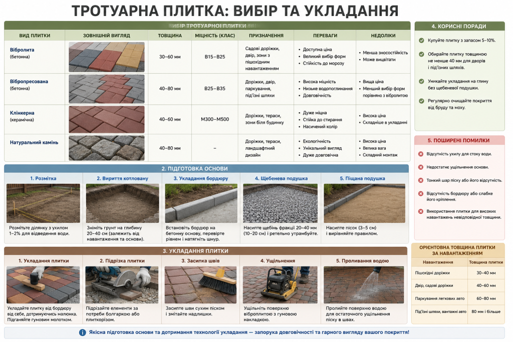 Інфографіка про види тротуарної плитки, етапи укладання, рекомендовану товщину та поширені помилки.
