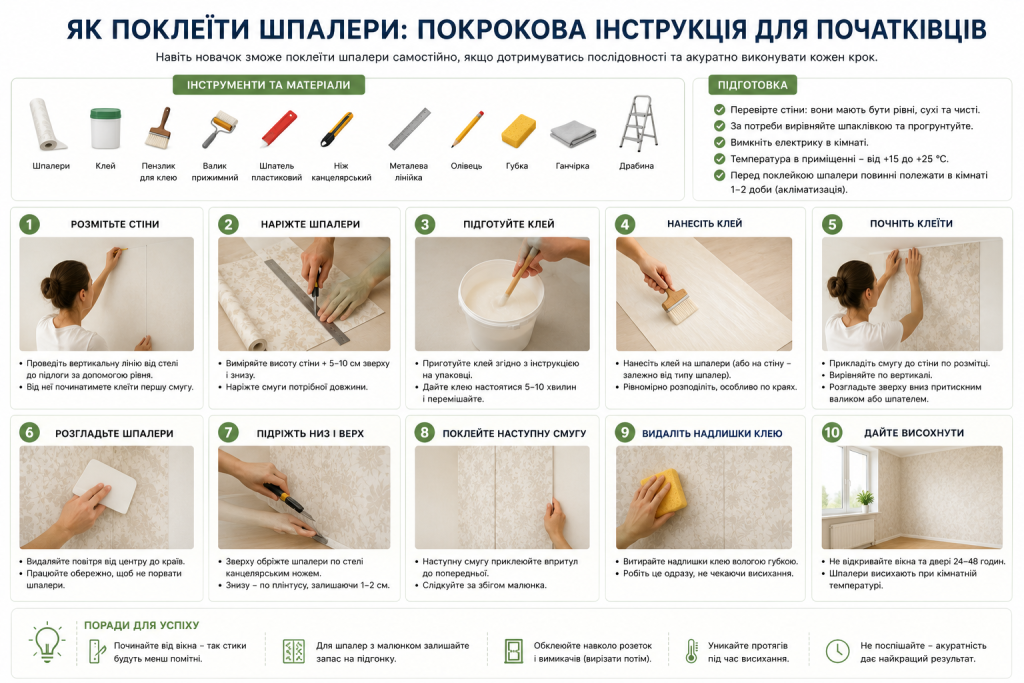Покрокова інфографіка з інструментами та етапами поклейки шпалер своїми руками