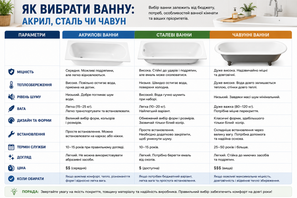 Порівняльна таблиця акрилових, сталевих та чавунних ванн за міцністю, вагою, ціною та довговічністю