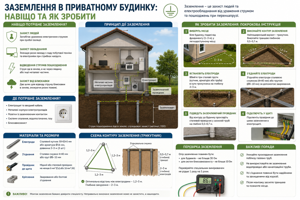 Інфографіка з покроковою інструкцією монтажу заземлення в приватному будинку