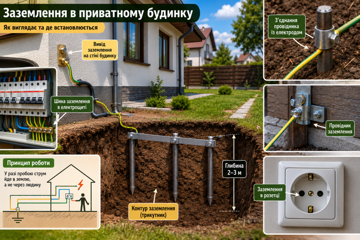 Контур заземлення біля будинку з електродами та підключенням до електрощита