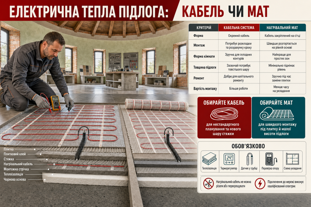 Інфографіка з порівнянням нагрівального кабелю та електричного мату для облаштування теплої підлоги