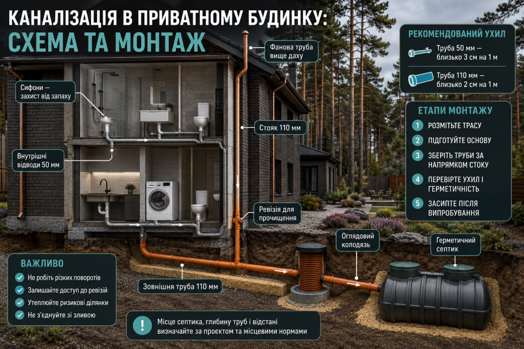 Інфографіка зі схемою каналізації приватного будинку, внутрішніми трубами, стояком, ревізією та септиком