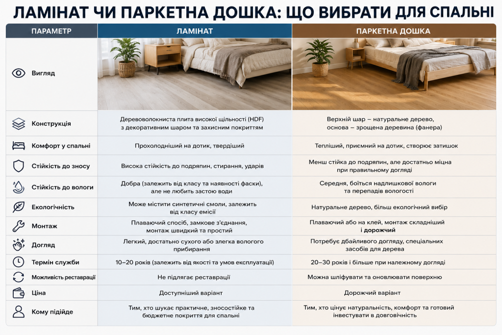 Порівняльна таблиця ламінату та паркетної дошки для спальні за ціною, довговічністю, доглядом і комфортом