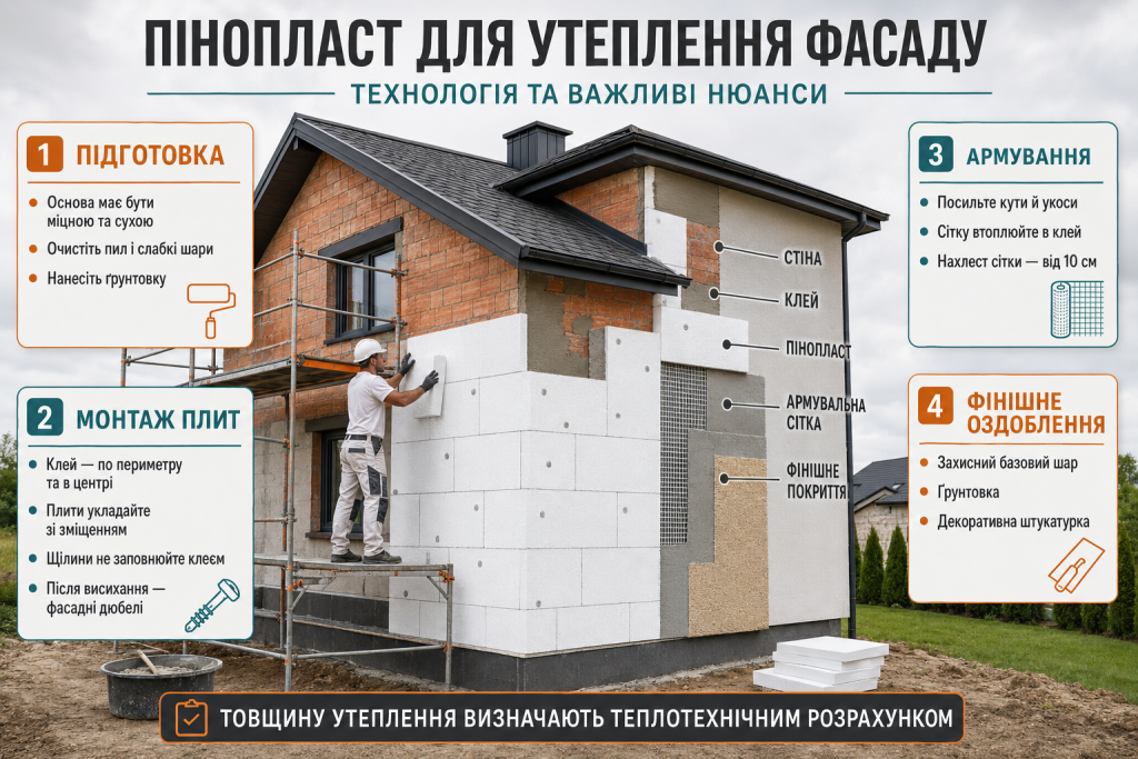 Інфографіка про утеплення фасаду пінопластом із монтажем плит, армуванням і фінішним оздобленням