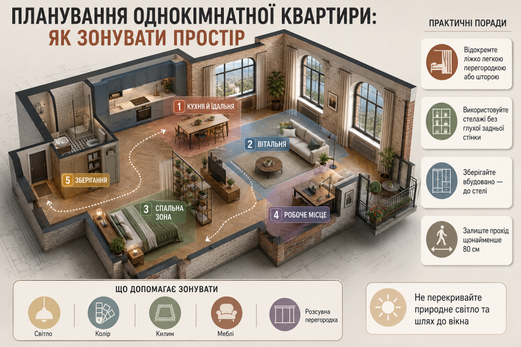 Інфографіка з прикладом зонування однокімнатної квартири на кухню, вітальню, спальню, робоче місце та зону зберігання