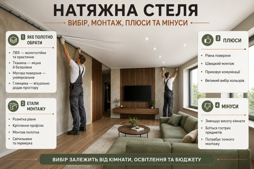 Інфографіка про види натяжних стель, етапи монтажу, переваги та недоліки