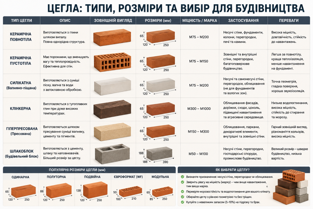 Інфографіка про керамічну, силікатну, клінкерну та гіперпресовану цеглу з розмірами, міцністю та сферами застосування.