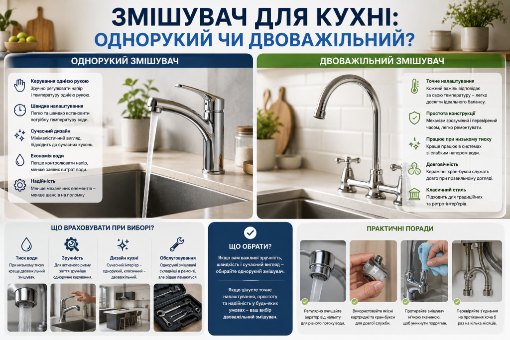 Порівняння одноручного та двоважільного змішувача для кухні, переваги, особливості та поради щодо вибору