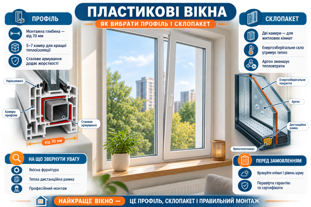 Інфографіка про вибір пластикових вікон, профілю, склопакета, утеплення та правильного монтажу