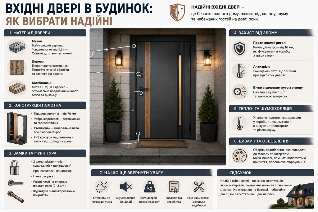 Інфографіка про вибір надійних вхідних дверей, матеріали, замки, захист від злому, теплоізоляцію та конструкцію полотна.