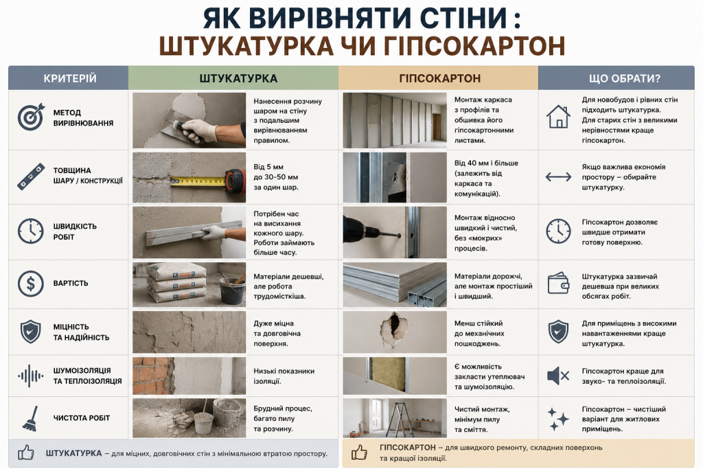 Порівняльна таблиця штукатурки та гіпсокартону за вартістю, швидкістю монтажу, міцністю, ізоляцією та товщиною конструкції.