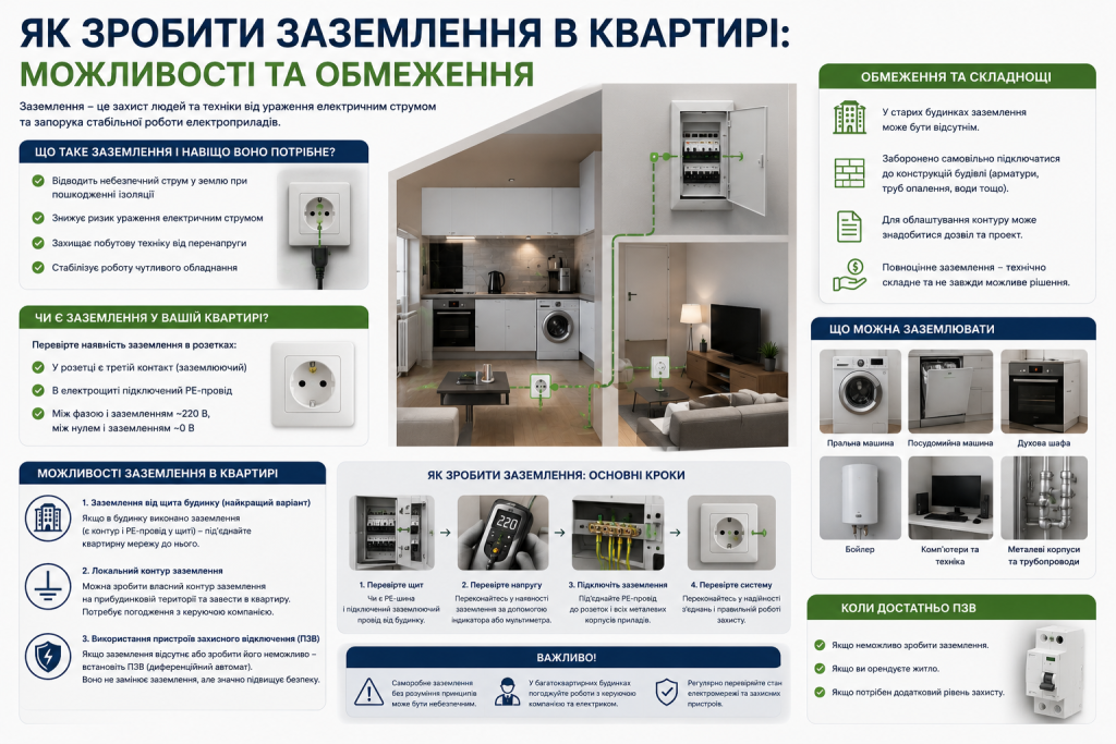 Інфографіка про заземлення в квартирі, перевірку розеток, електрощита, способи підключення та обмеження