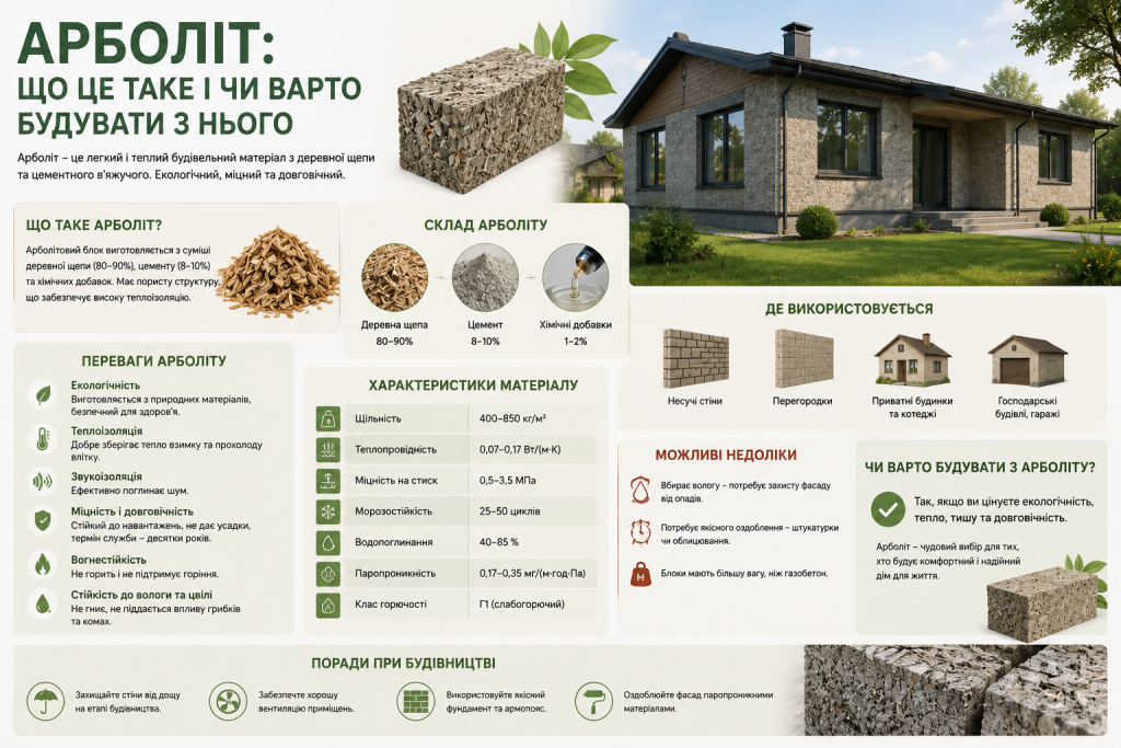 Інфографіка про арболіт, його склад, характеристики, переваги, недоліки та застосування в будівництві