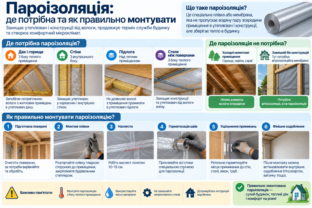 Інфографіка про застосування пароізоляції та правильний монтаж пароізоляційної плівки в будинку.